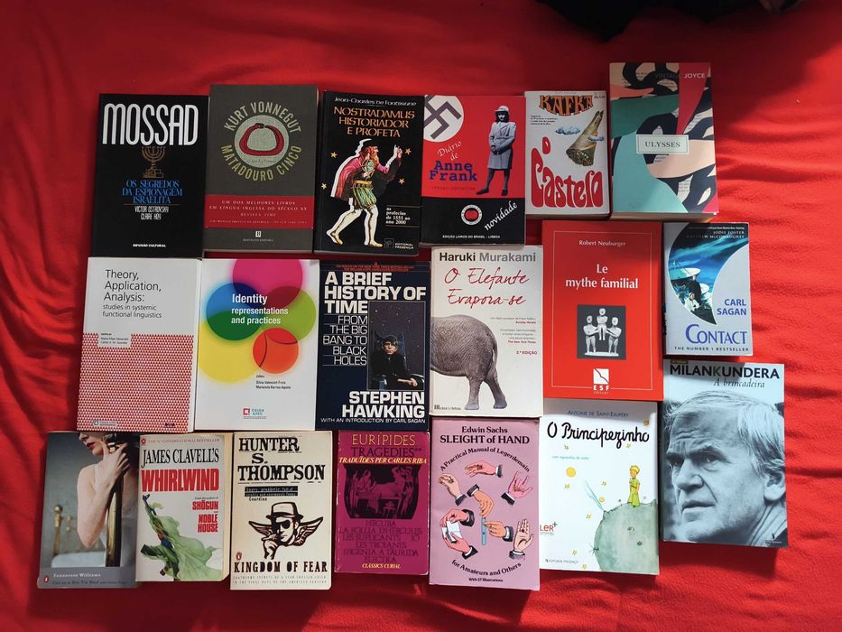 Livros variados de ficção, psicologia, sociologia, filosofia etc