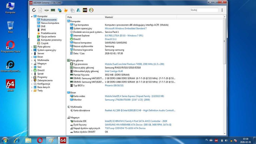 Samsung R540 Core2Duo Intel T4500 2.30 GHz.Ram3Gb,Hdd\500GB,Gwarancja