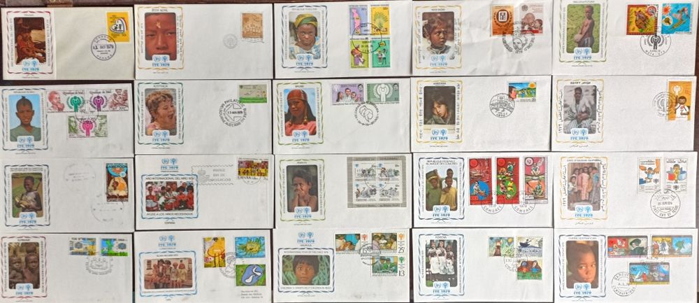 Lote composto por 71 Envelopes de 1º Dia (FDC) oficiais com selos temáticos emitidos pela UNICEF em dezenas de países. Excelente estado de preservação