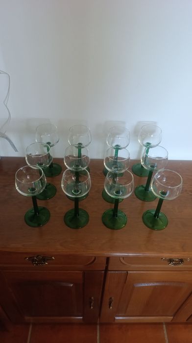 Jogo de 12 copos vintage, pé e base verde