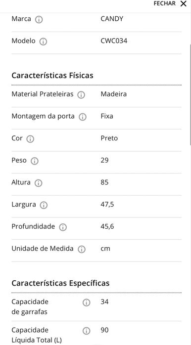 Cave de Vinho Garrafeira CANDY CWC034 (34 Garrafas - Preto)