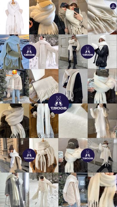 Білий шарф теплий довгий пухнастий палантин вовняний кашеміровий снуд