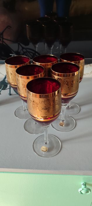 6 Фужеров,ГРАНАТ в ЗОЛОТІ.Богемія.Вінтаж.Чехословацьке скло .