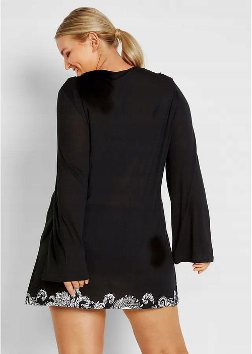 B.P.C tunika plażowa czarna z białym nadrukiem boho ^36/38