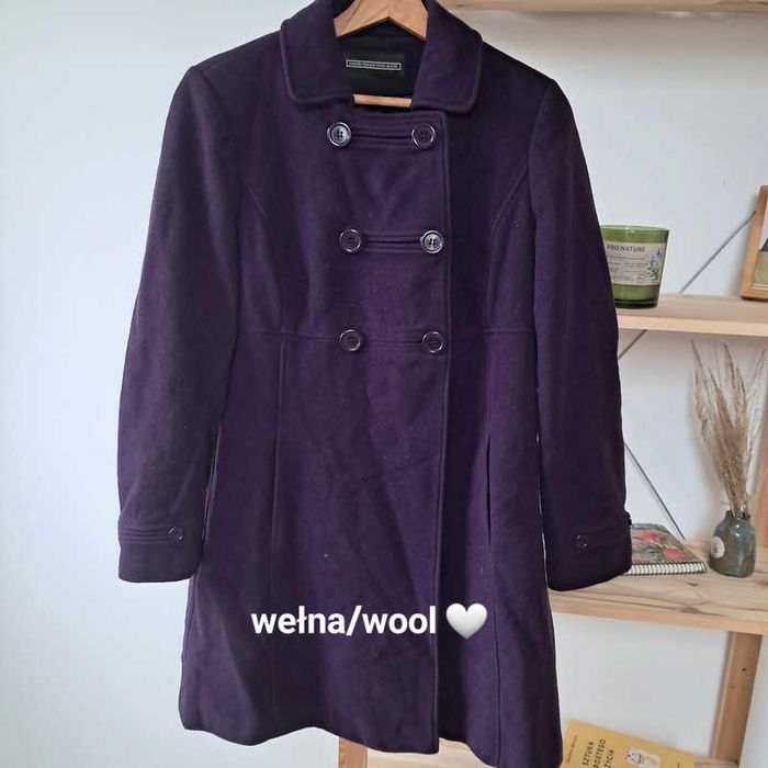 Piękny wełniany damski śliwkowy elegancki włoski płaszczyk wełna M 38