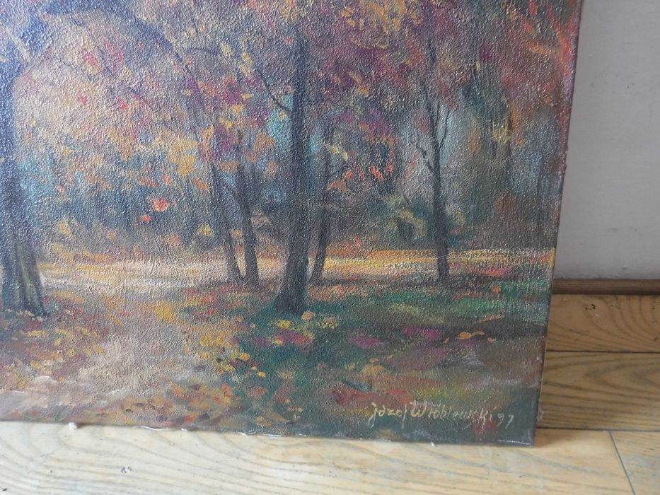 Piękny sygnowany obraz olejny na płótnie Jesień 70 x 49,5 cm ZOBACZ