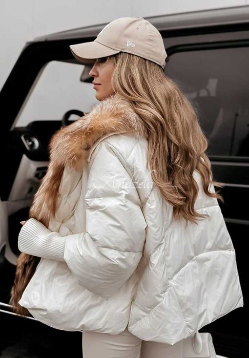 Kurtka Puchowa Ecru Lis Naturalny Futerko Najtaniej !