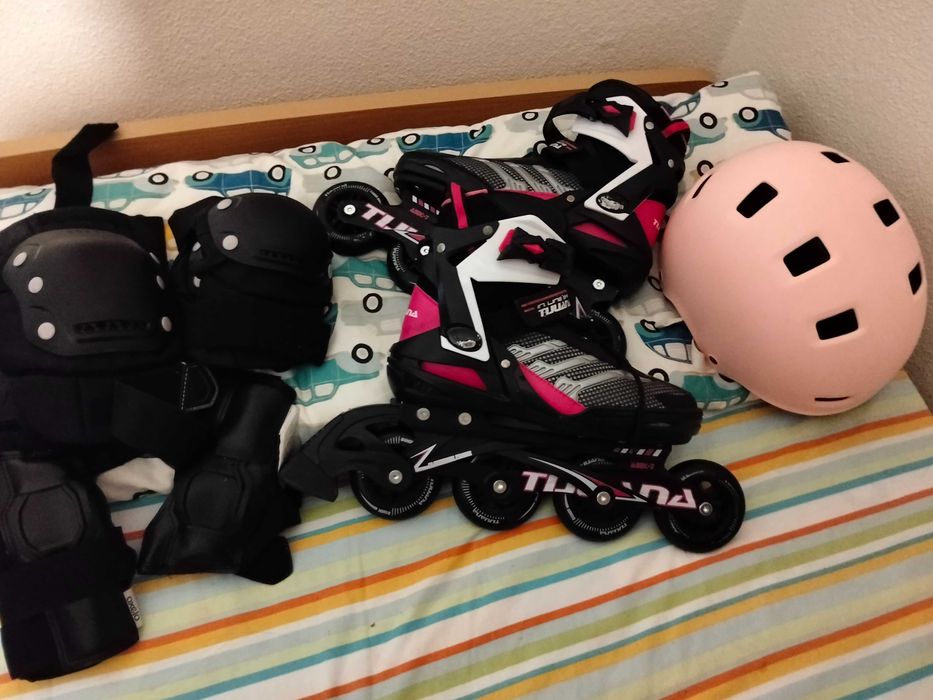 Patins rapariga rosa preto+kit proteção