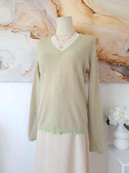 Sweter W Paski Miętowy Beżowy Kremowy Wełniany Kaszmirowy Bottega M