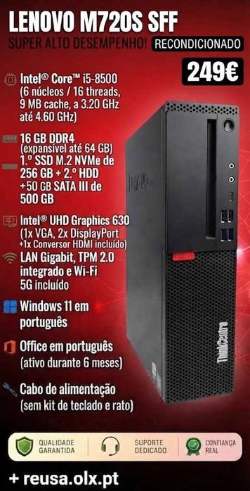 Desktop Lenovo M720s SFF | i5-8500 | 16GB DDR4 | NVMe 256GB + HDD 500GB | W11