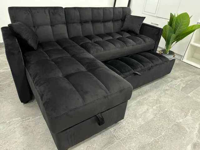 sofá-cama preto de veludo com espaço de arrumação
