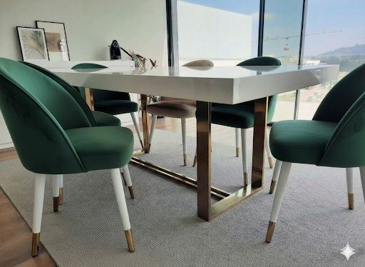 Mesa Jantar Extensível Branco Alto Brilho com Base Inox Dourado