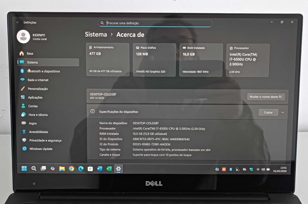 Dell XPS 13 9350 - Ecrã 13.3' 4K touchscreen/Core i7/SSD NVME/16GB RAM