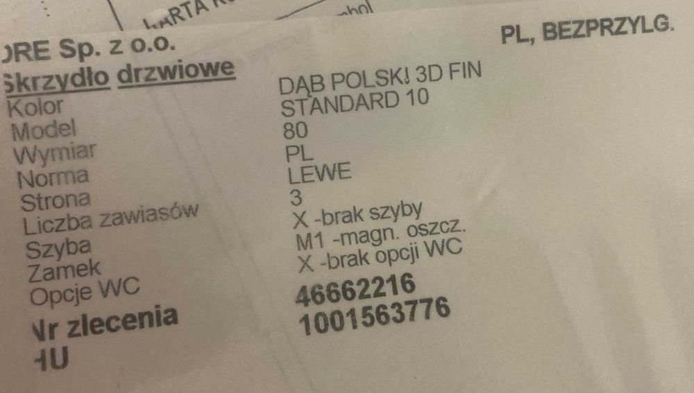 DRE skrzydło drzwiowe lewe, rozmiar 80, bezprzylgowe, kolor dąb polski