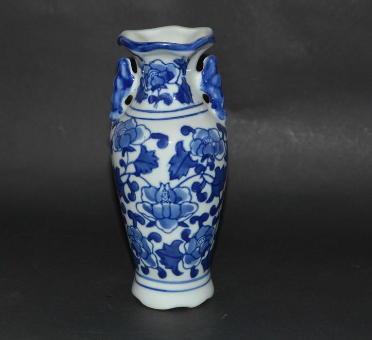 Wazon porcelanowy chiński Chinoiserie kobaltowy kwiaty wazonik vintage z uszkami