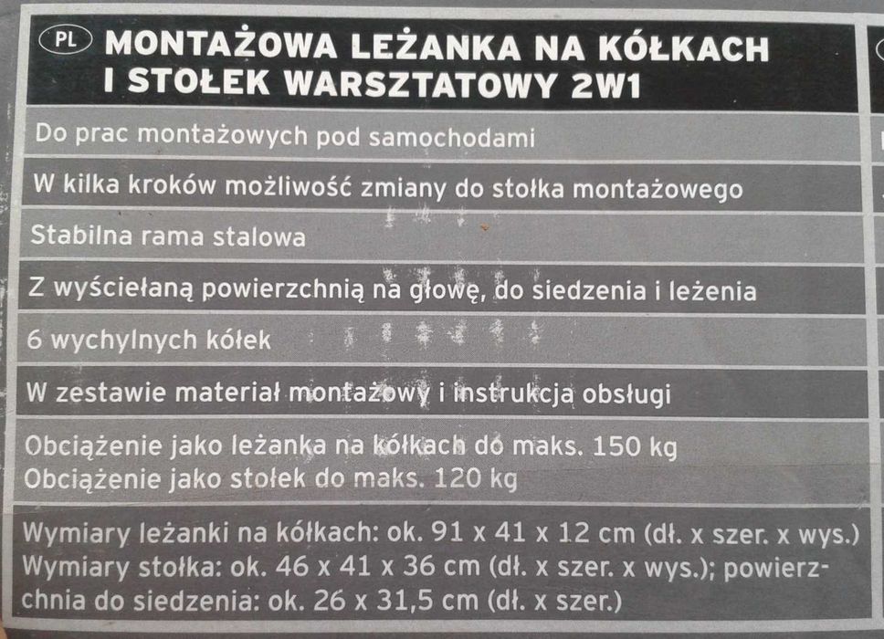 POWERFIX Profi Leżanka montażowa warsztatowa na kółkach / stołek 2w1