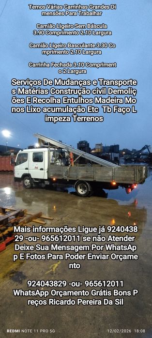 Serviços de mudança E transportes materiais construção civil Faço Demolição Recolha de Entulho limpeza Terrenos