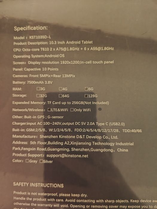 Tablet Kinstone 10.3 TAB 103SD LTE Wifi 6Gb Ram 128Gb ROM