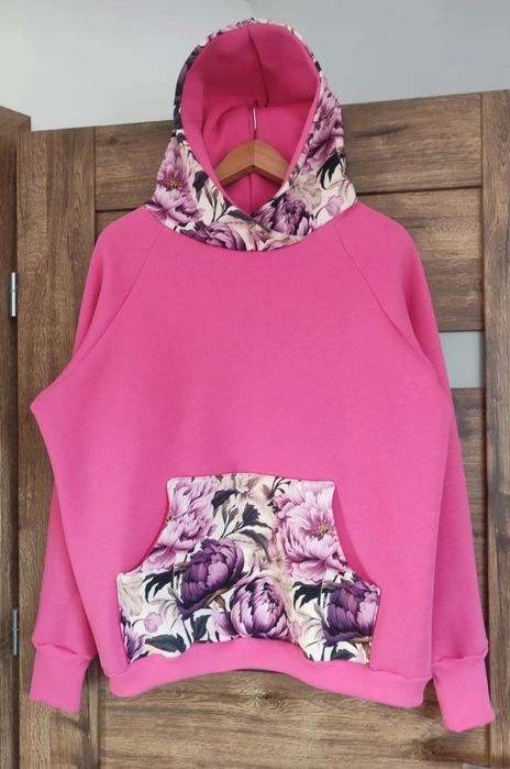 Gruba zimowa różowa bluza z kapturem Handmade kieszeń kangurka