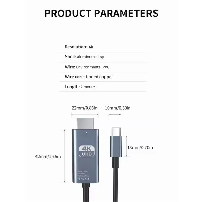 Кабель Type-C HDMI 4K 2м | USB-C → HDMI | Трансляція екрана телефона