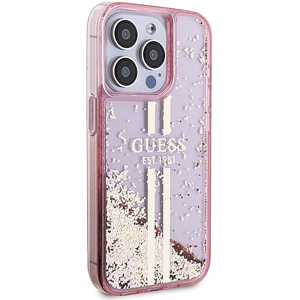 Etui Guess Liquid Glitter Gold Stripes na iPhone 15 Pro - różowe