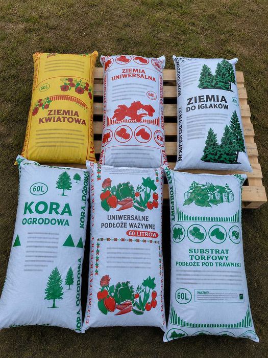 Ziemia uniwersalna ogrodowa kwiatowa trawnik substrat kora sosnowa warzywa obornik torf kwaśny w workach