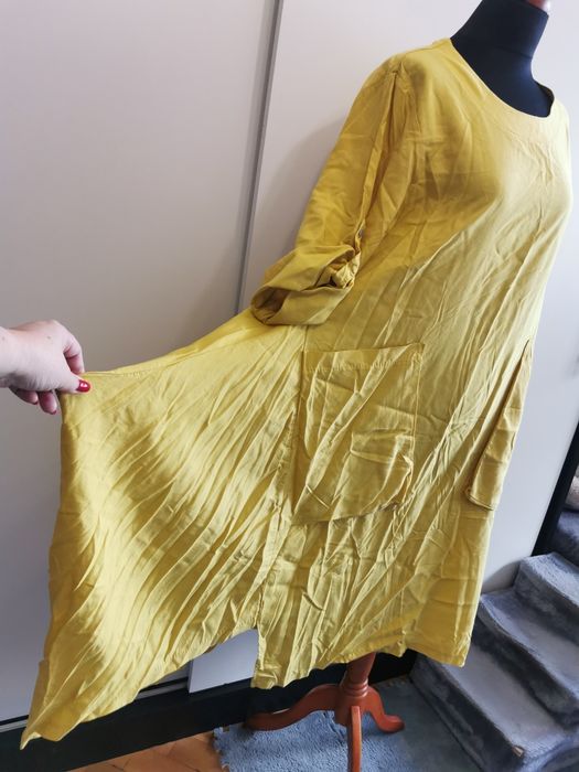 Piękna żółta asymetryczna sukienka oversize 100% Lyocell