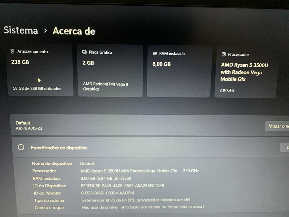 Portátil Acer Aspire 3 Ryzen 5 3500U