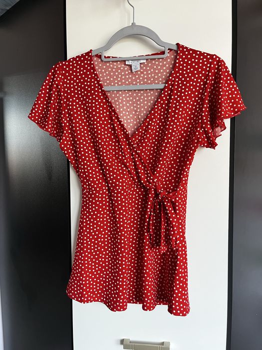 czerwona damska bluzka koszulka kropki lata 60’ falbanki zakladka xs
