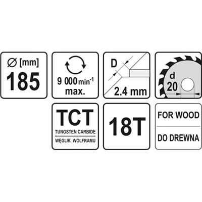 Tarcza piła widiowa do drewna 185x18Tx20mm Yato