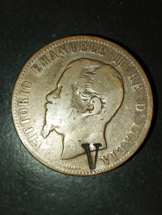 Moeda de 10 Centesimi 1863 Itália com carimbo contra cunhagem