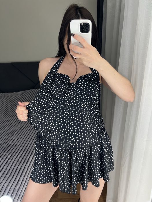 Чорний суцільний купальник спільний злитний зі спідницею на чашку Д D