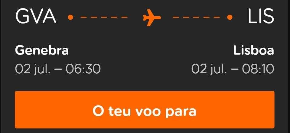 Voo da Suíça Genebra(GVA) para Portugal Lisboa(LIS), dia 02/07/2026, ás 6:30h