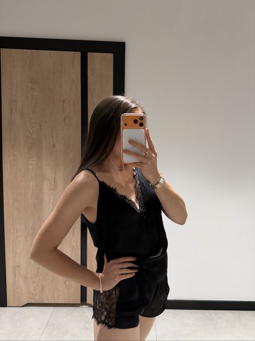 piżama spodenki koszulka koronka czarna gładka prezent seksi komplet S