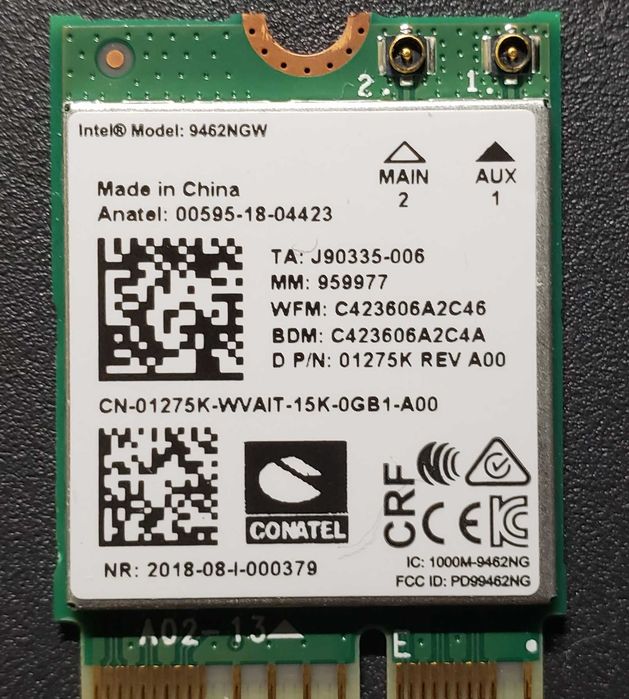Intel Wireless-AC 9462 (Intel 9462NGW) з підтримкою Wi-Fi та Bluetooth для ноутбуків Dell (D P/N 1275K)