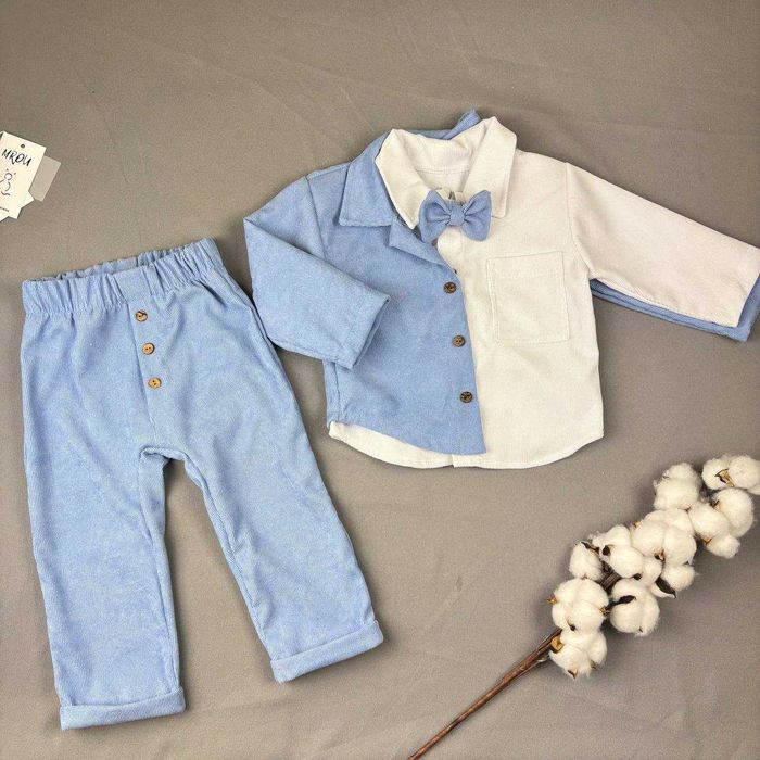 Святковий костюм для хлопчика вельветовий блакитний,піджак підтяжки