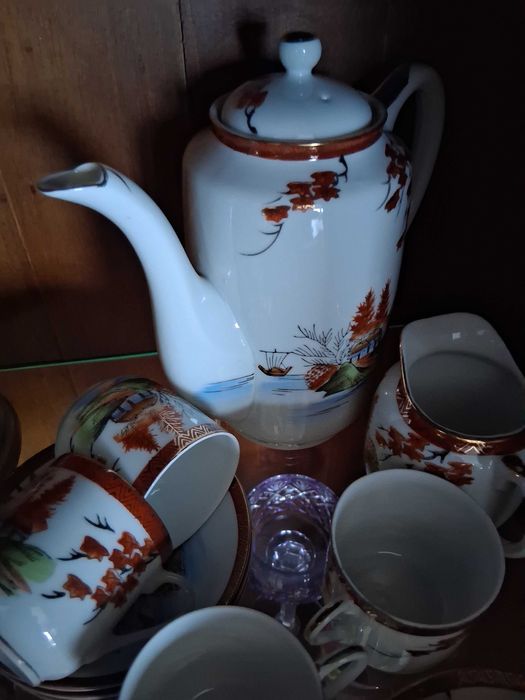 Meio serviço de café de porcelana japonesa antigo estilo Kutani