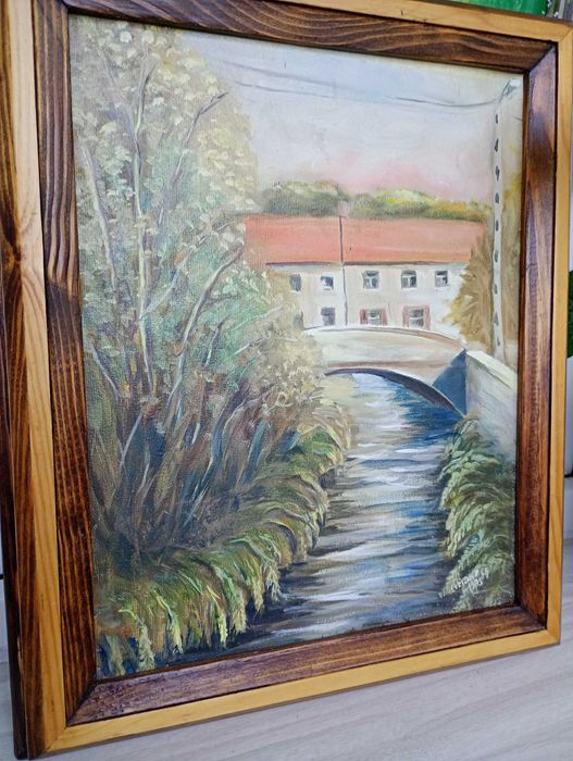 Obrazek olej na płótnie -rzeczka i mostek ,sygnowany