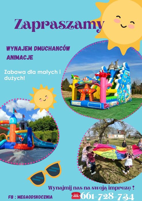 Dmuchańce zjeżdżalnia tor przeszkód zamek samochód jednorożec