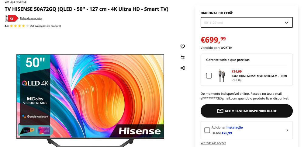 TV HISENSE 50A72GQ QLED 50'' 4K + Suporte de Parede
