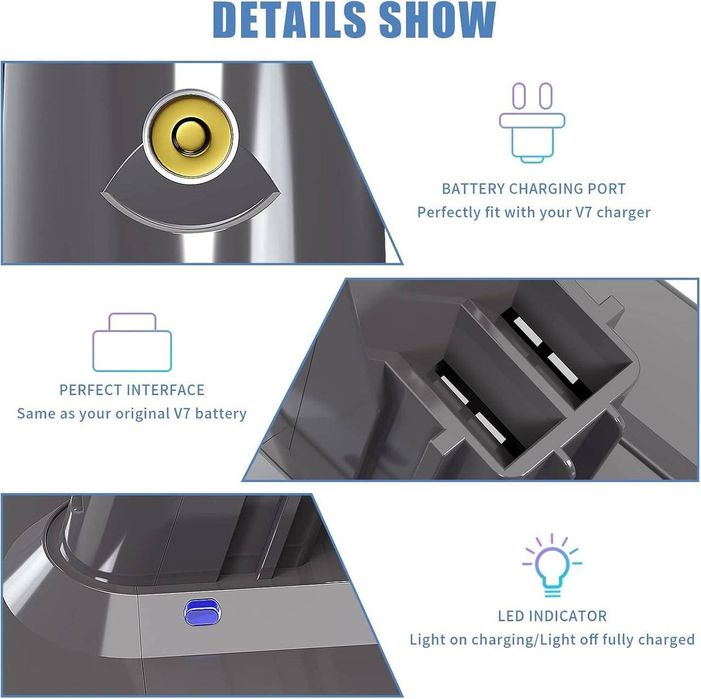 Акумулятор BATTOOL 8000 mAh 21.6V пилосос Dyson V7 сірий з індикаціїєю