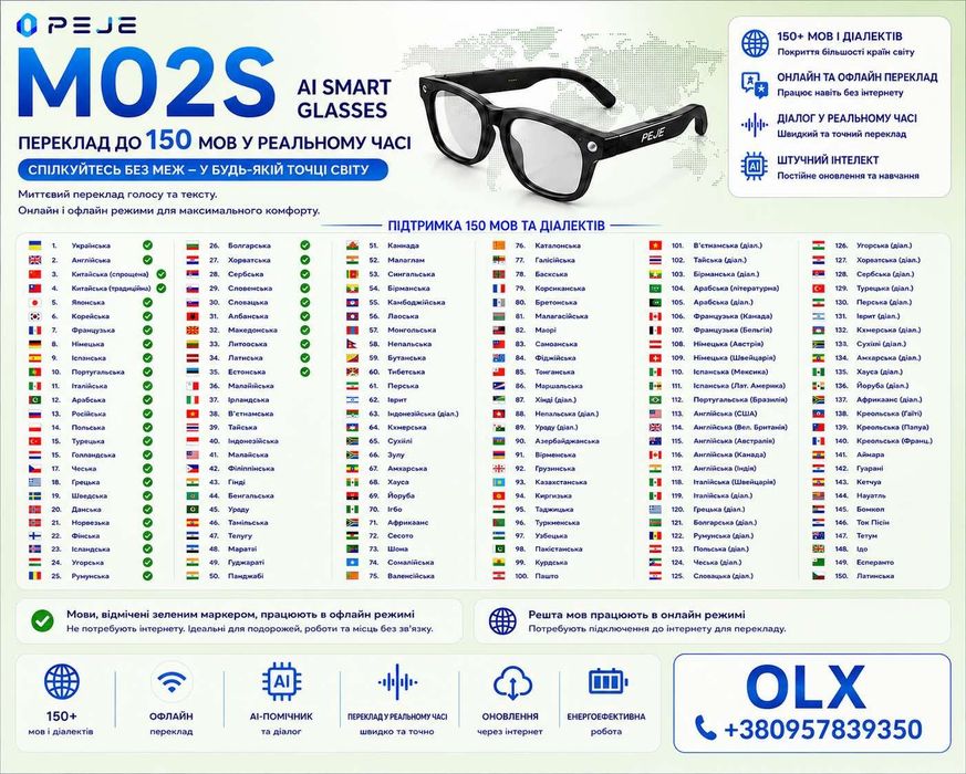 Смарт окуляри PEJE M02S — AI, камера 8 МП, ChatGPT, переклад до 150 мов, Full HD відео, Bluetooth, Wi-Fi, фотохромні лінзи та стиль щодня!