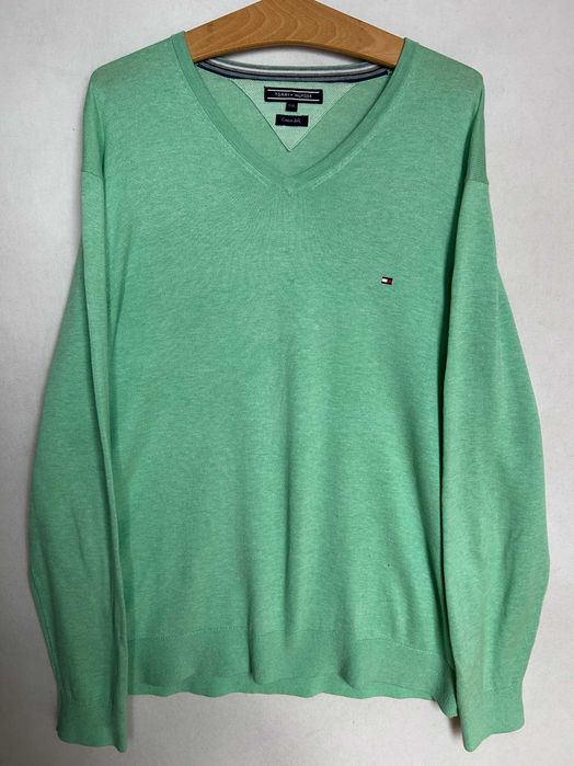 Tommy Hilfiger _ Miętowy lekki sweter w serek XXL _ cotton & silk