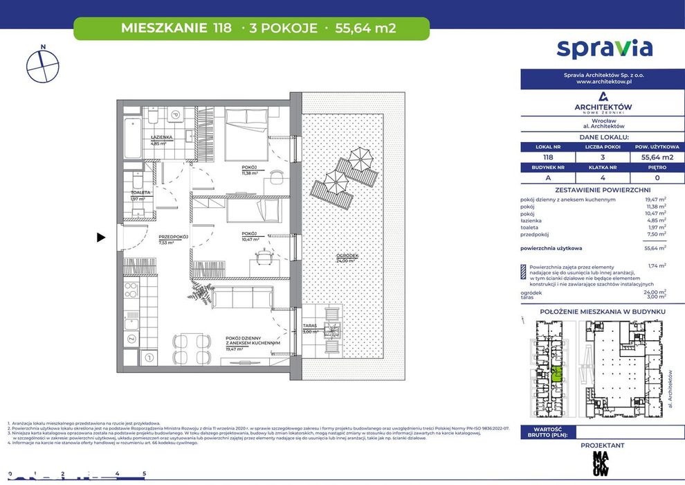 3-pokojowe mieszkanie 55m2 + ogródek