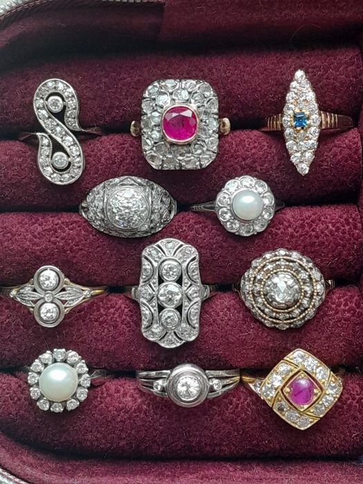 R.13 Pierścionek Art Deco Złoto 750 Diamenty Srebro WYCENA