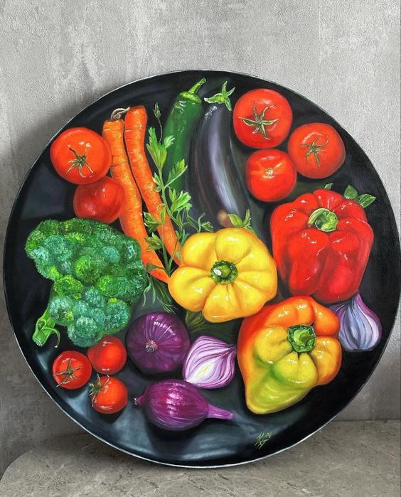 Картина олією « Овочева тарілка», натюрморт, овочі, картина з овочами