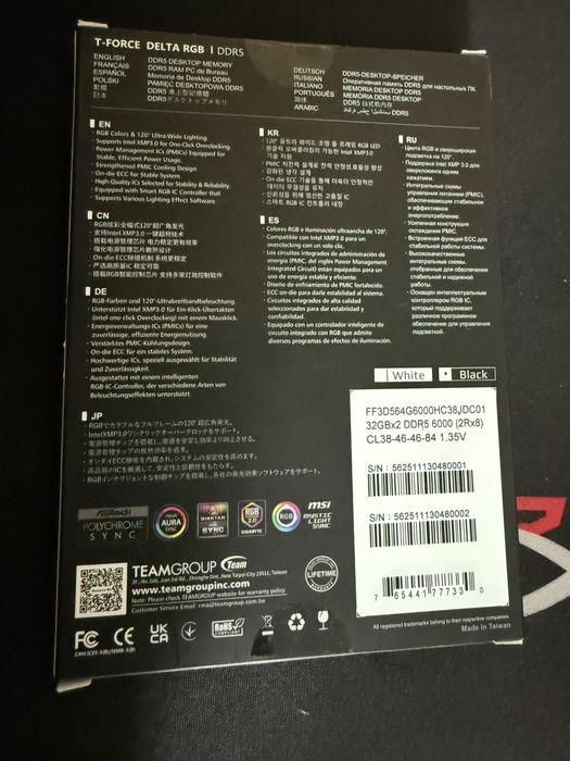 Memórias RAM DDR5 TeamGROUP T-Force DELTA RGB 2x32GB DDR5 6000MHz CL38 Novas