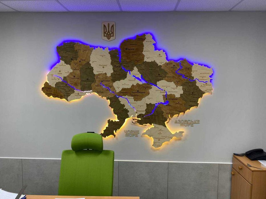 Мапа України з дерева з підсвіткою річок карта Украины на стену декор