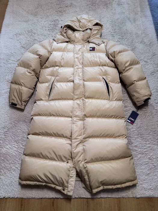Nowa długa kurtka zimowa Tommy Hilfiger – beżowa, puchowa, z metką