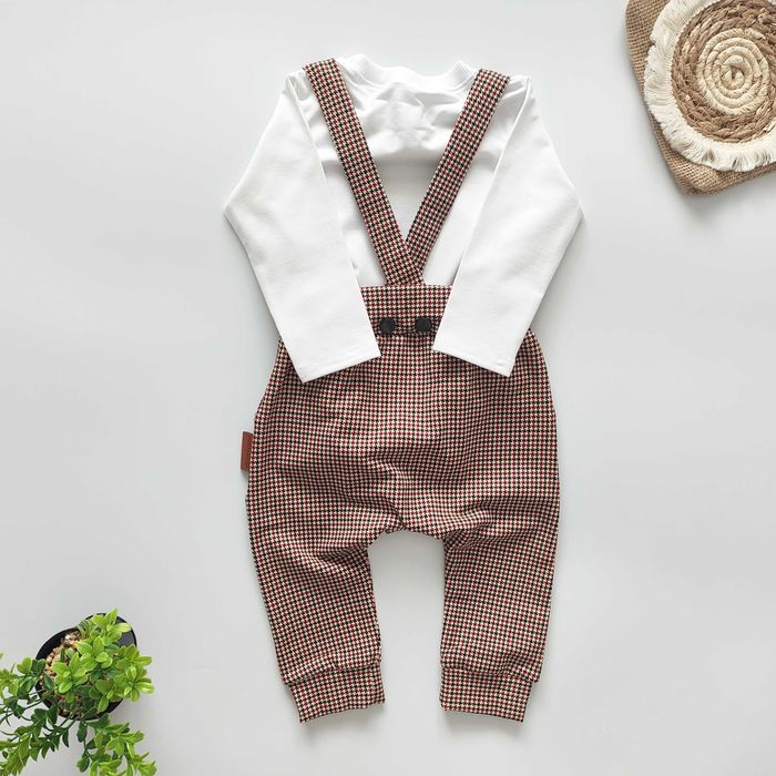 Elegancki KOMPLET chłopięcy, modny GARNITUR bordo beż mucha szelki 92